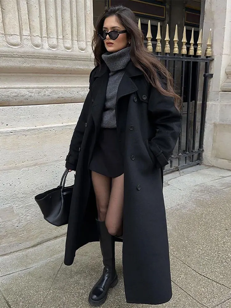 Модное темно-серое шерстяное пальто в полоску с лацканами женское шикарное