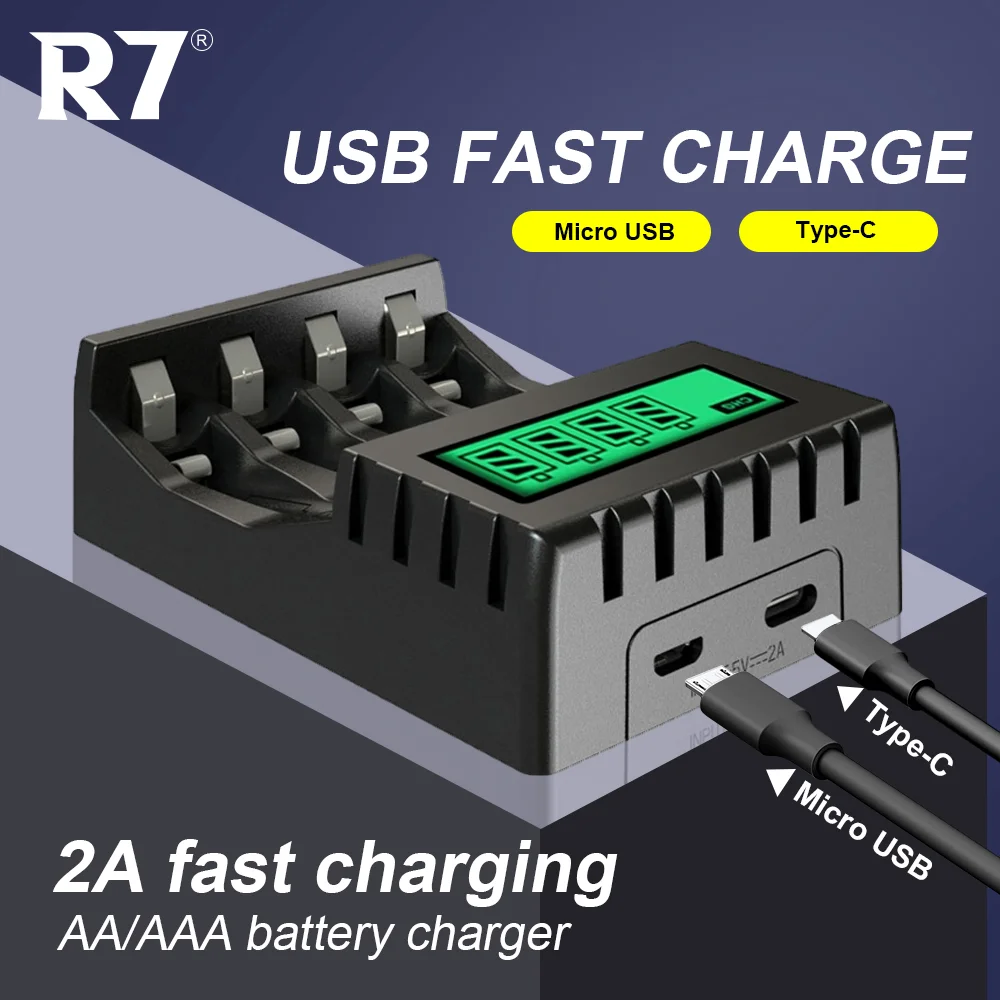

R7 4-slot AA/AAA battery charger with LCD Display Smart Fast Charging for 1.2V AA/AAA NIMH NICD Rechargeable Batteries