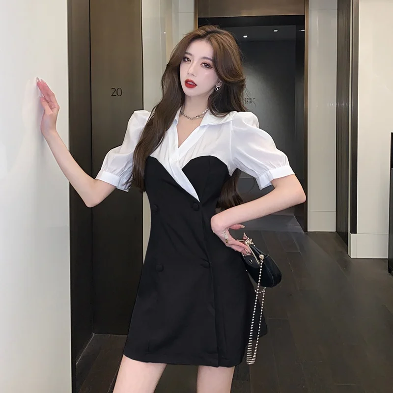 

2022 Summer New Fashion Temperament All-match Street Casual Stitching Short-sleeved Shirt Skirt Double-breasted A-line Dress