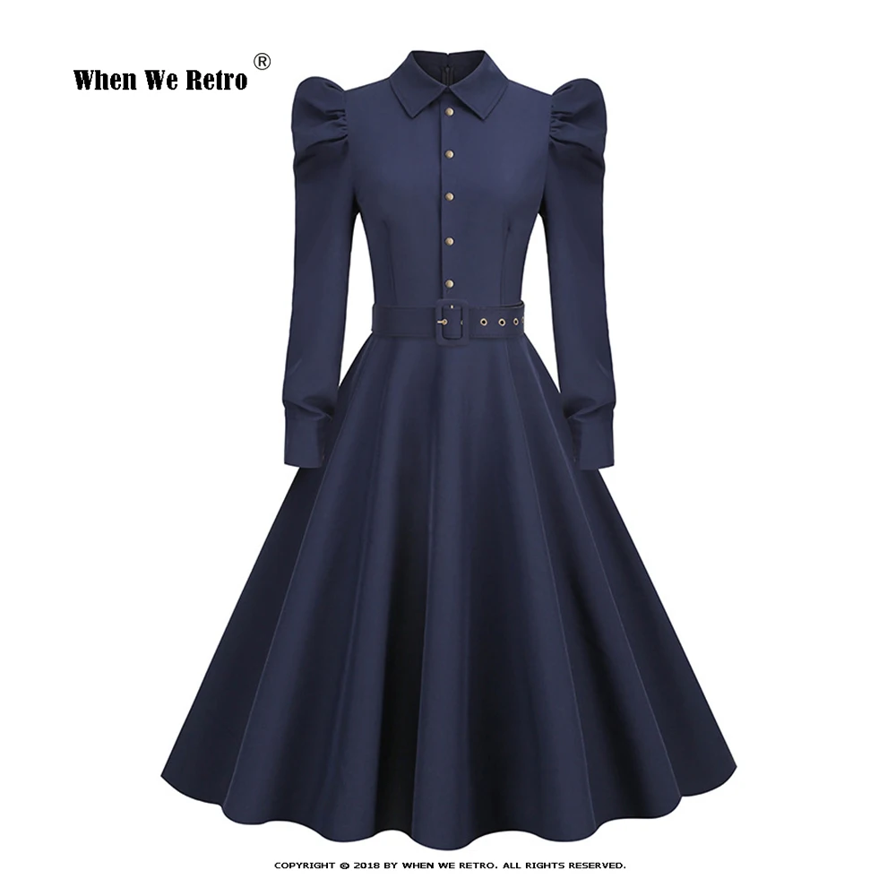 

Puff Sleeve Button Front Belted Long Robe Vintage Dress Turn Down Collar Women 50s Clothes Swing Dresses in Navy Blue VD3569
