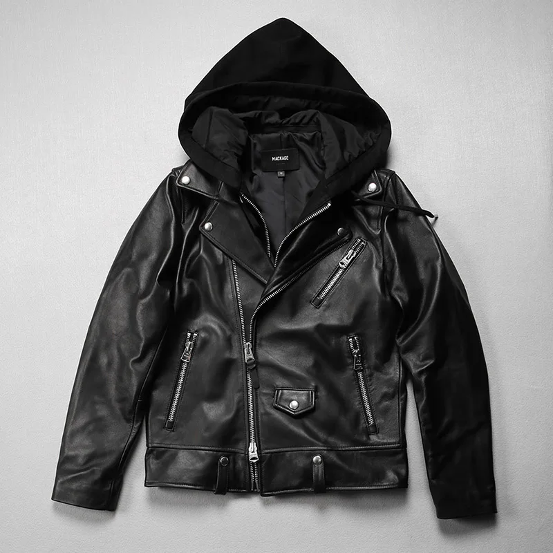 

Spring autumn casual detachable hood Real leather garment men women star couple models lapel diagonal zipper sheepskin jacket