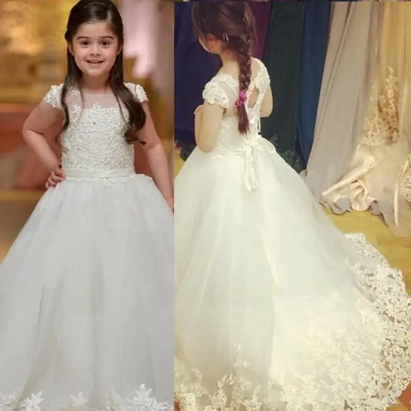 

Flower Girl Dresses for Weddings with Capped Sheer Neck Appliques Lace Cupcake Pageant Dress for Girls Long Beads Girls Wedding