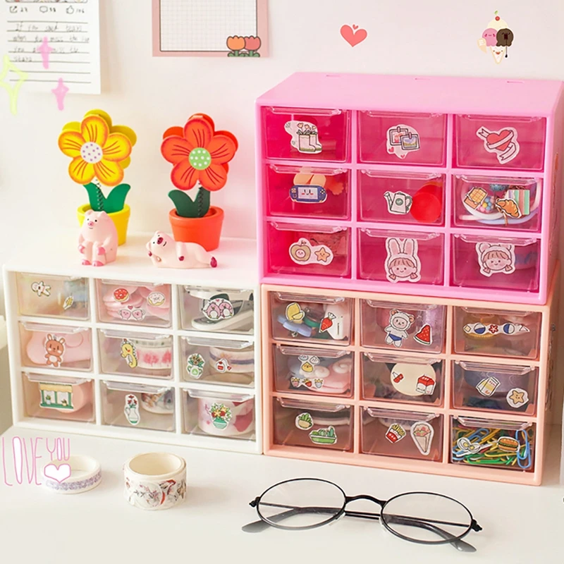 

Organizer Cosmetics Kawaii Desk Storage Desktop Stationery Holders Multi-functional Box Makeup 9 Drawer Office Grids