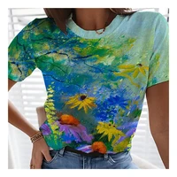 new summer floral gradient 3d print t shirt womens round neck short sleeve y2k street fashion loose comfortable top