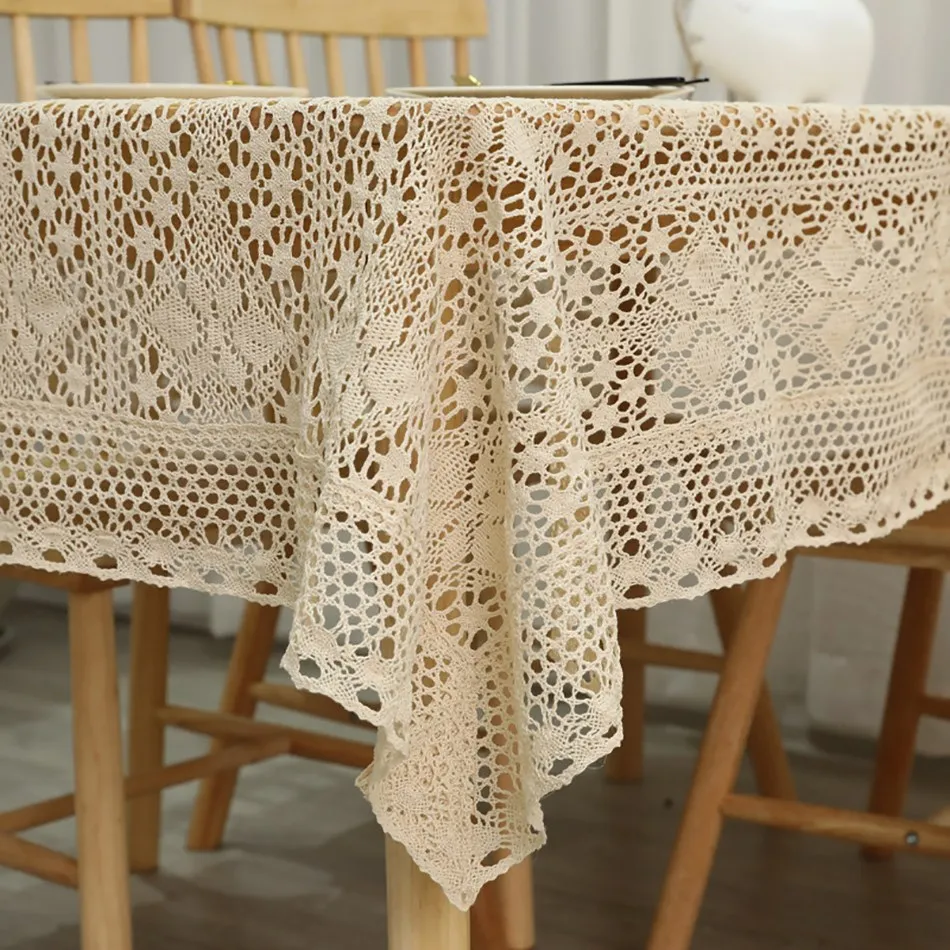 

Beige cotton Fabric Crochet Hollow Tablecloth Rectangle Table Cloth for table Living Room Home Decoration Cover Cloth Mat