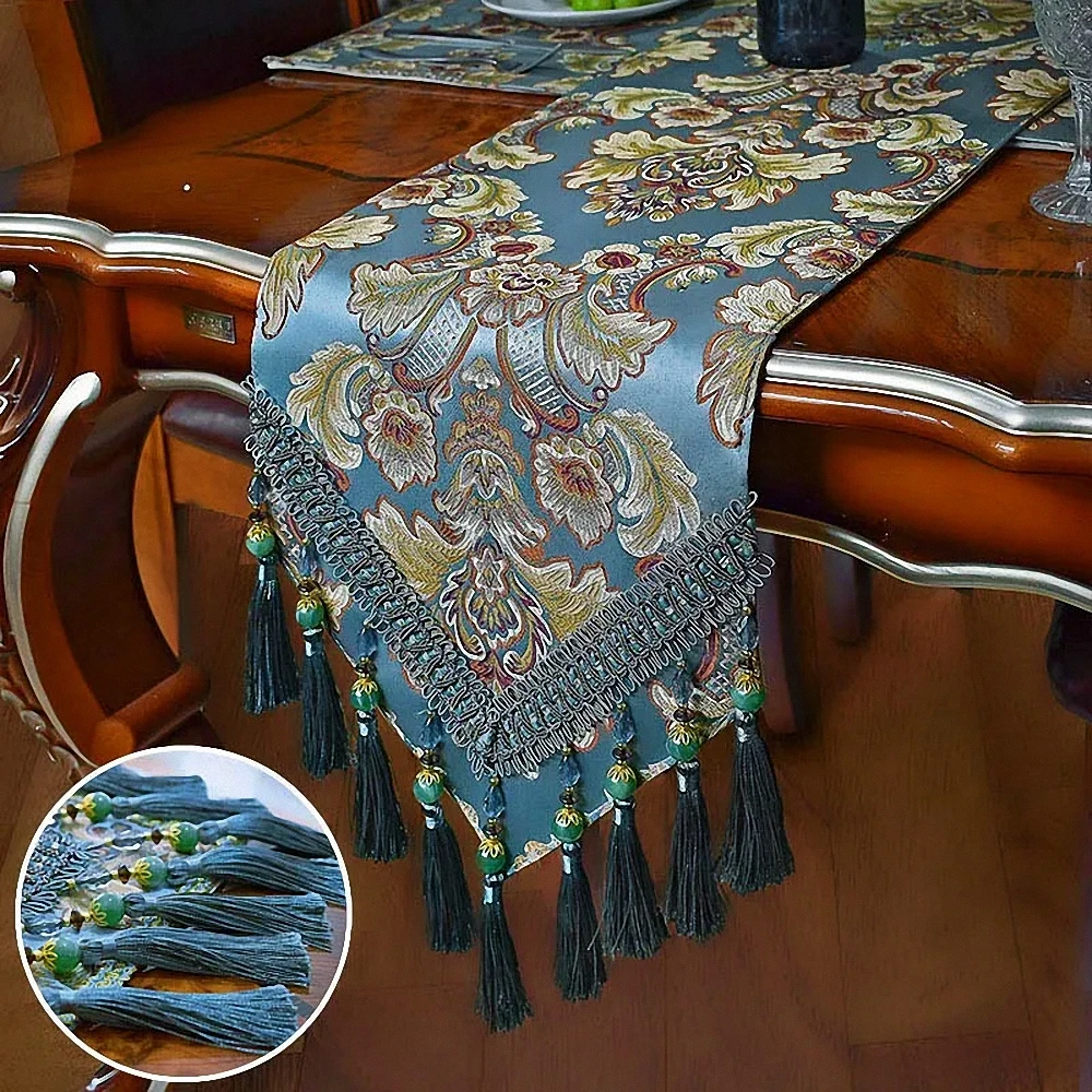 

Embroidered Table Runners, Jacquard Fabric Damask Table Runners with Handmade Multi-Tassels, Dresser Decoration Table Runners