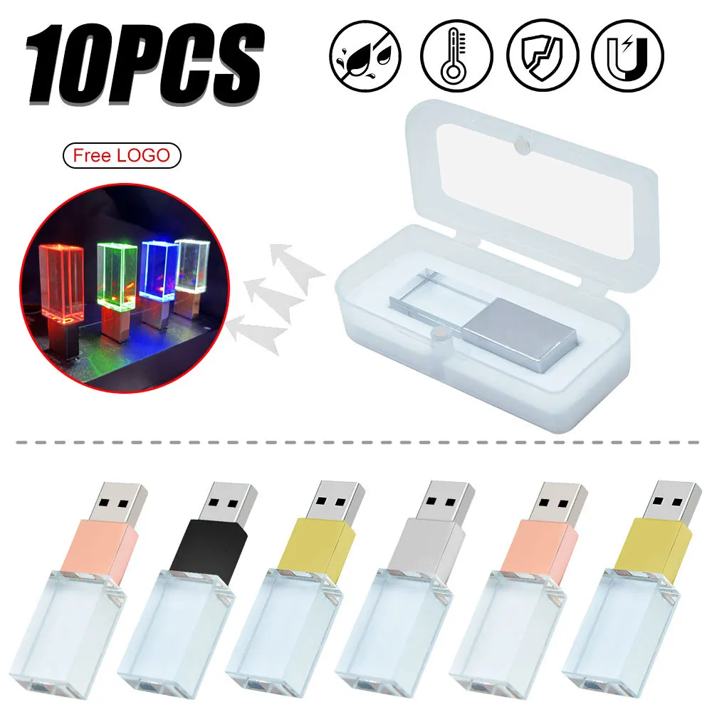 10PCS/LOT Crystal USB2.0 Wedding Gift Flash Drive Free Logo LED Pen Real Capacity Stick 128G 8GB 16GB 32GB U Disk 64GB 4GB