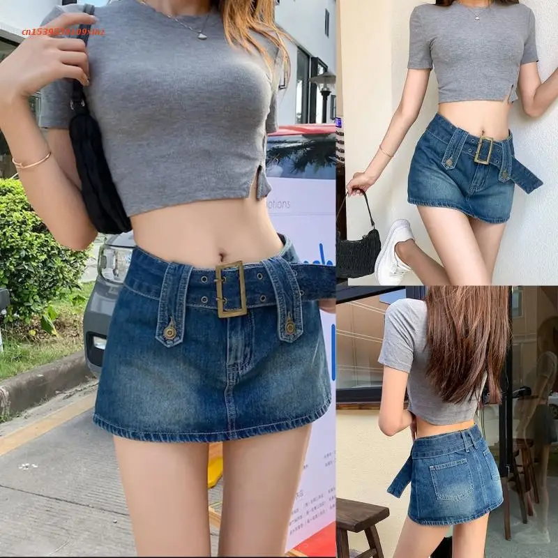 

Women Summer Belted High Waist Denim Micro Mini Skirt A-Line Flare Hem Aesthetics Jeans Bottoms Streetwear with Pockets