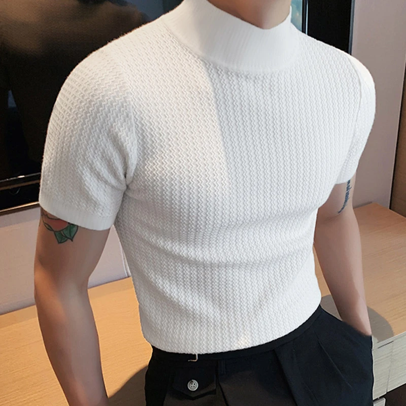

Summer 2023 Men Short Sleeve Ribbed T-Shirt Solid Half Turtleneck Slim Tee Tops Casual Slim Basic Tshirt Blusas Streetwear 3XL