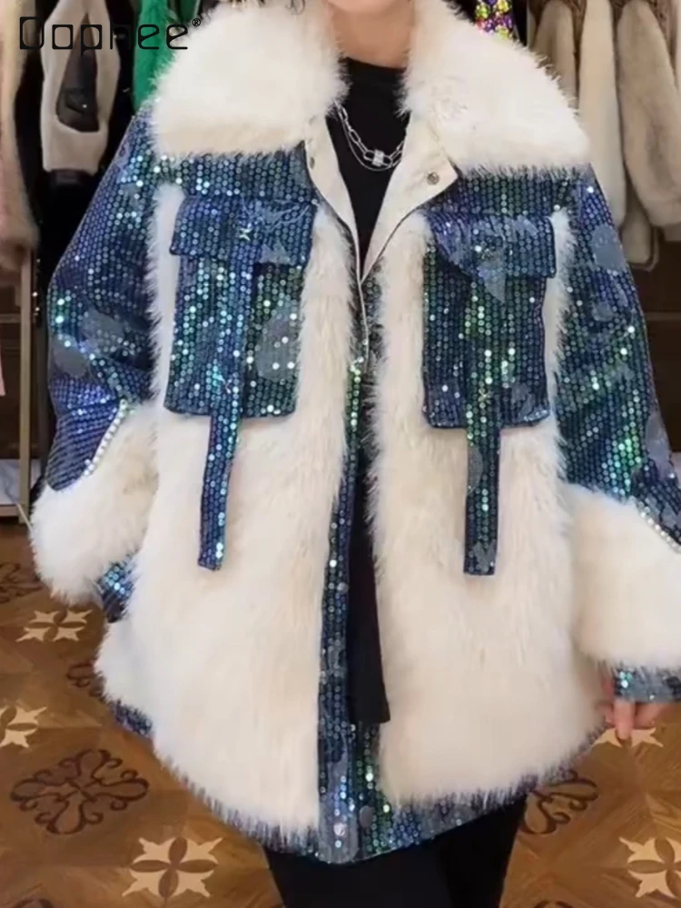 

Шуба женская зимняя из искусственного меха, с длинным рукавом, с вышивкой и блестками