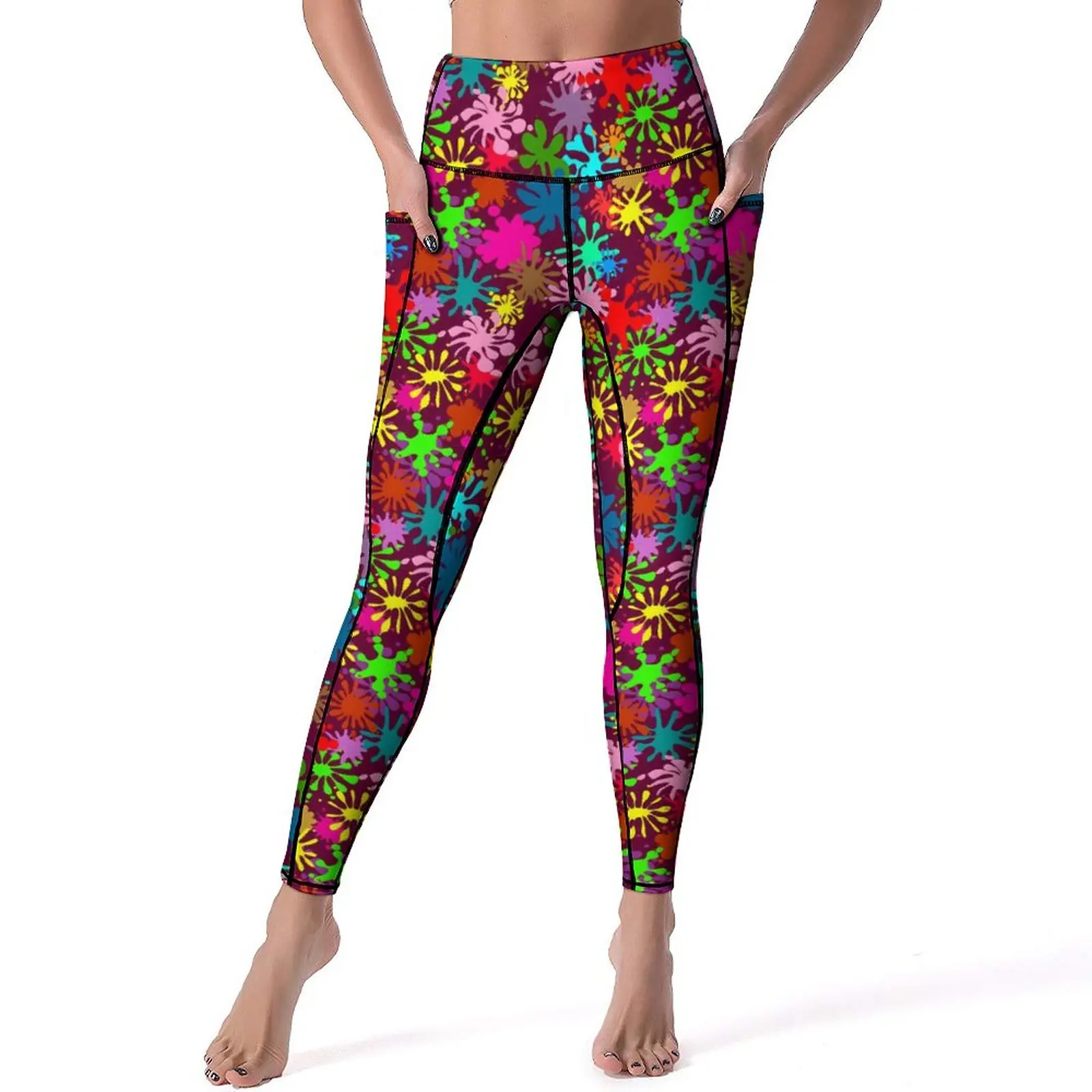 

Neon Paint Leggings Sexy Cute Splatters Print Workout Yoga Pants Push Up Quick-Dry Sport Legging Pockets Funny Graphic Leggins