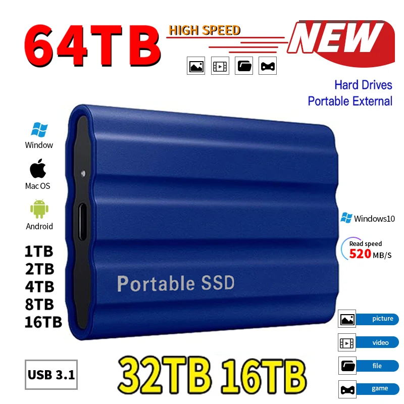 

Hard Drive 1TB External Portable SSD 16TB Hard Disk Storage High-Speed External Solid State Drive USB 3.1/Type-C for PC/Mac/PS