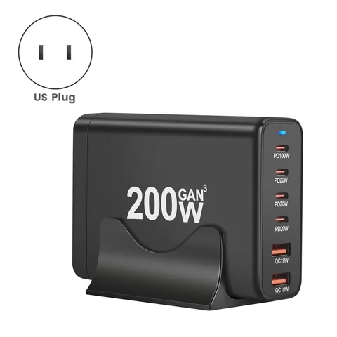 Настольное зарядное устройство GaN мощностью 200 Вт с 6 портами USB Type C PD Charger Quick Charge 3.0 USB Type C Быстрое зарядное устройство для телефона USB Charger (США)