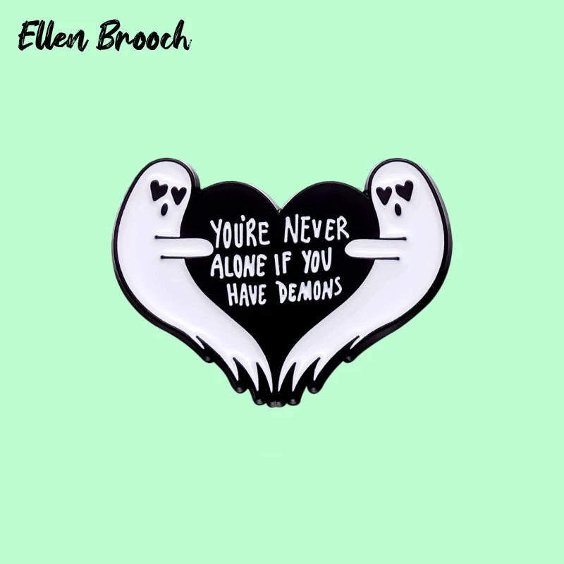 

Horror Ghost Enamel Pins You Are Never Alone Heart Shapped Brooch Lapel Badges Punk Jewelry Gift for Friends