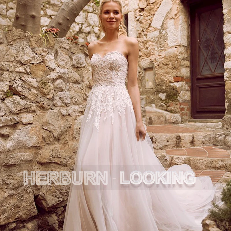 

HERBURNL Elegant Wedding Dress For Women 2022 Strapless A-Line Appliques Bridal Ladies Party Floor-length Robe De Mariée