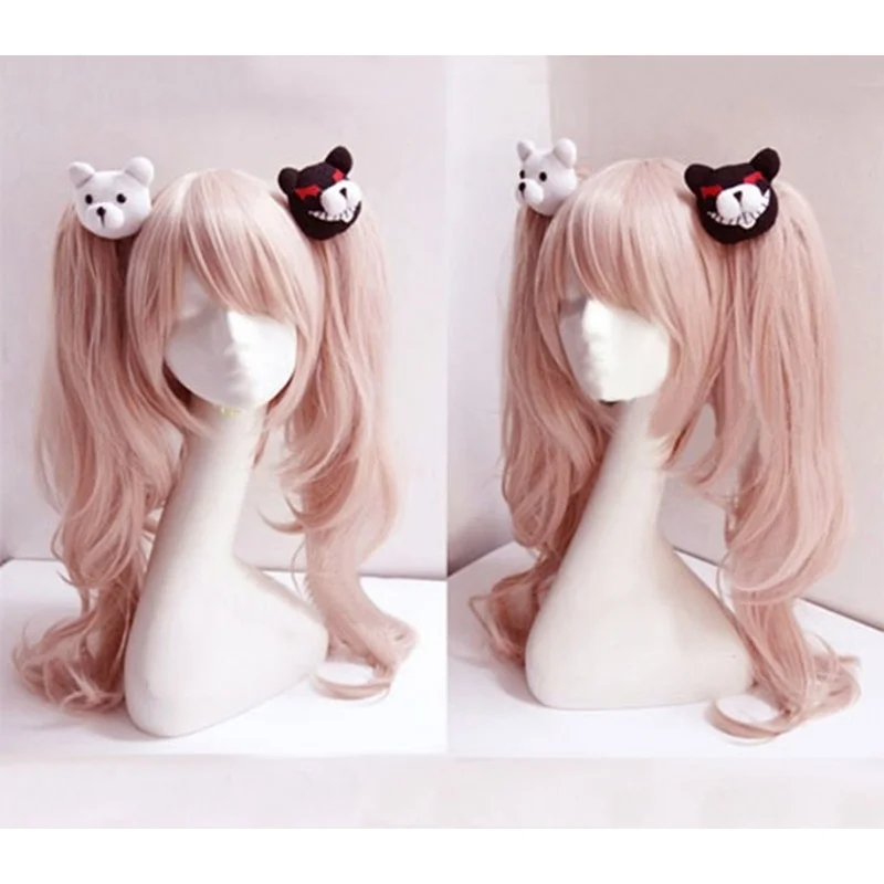 

Dangan Ronpa Danganronpa Enoshima Junko Cosplay Wig Pink Long Wavy with Ponytail Clip Heat Resistant Wigs Bear Hairpins Anime