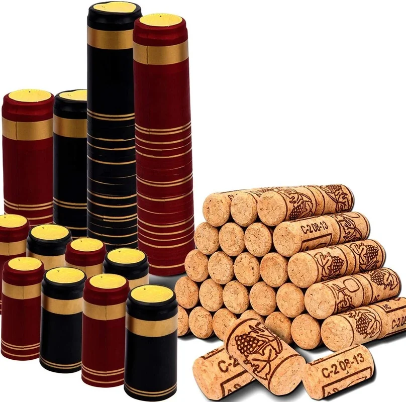 Wine Bottle Corks Stoppers and PVC Heat Shrink Capsules Natural Wine Corks Craft Corks Excellent for Crafting & Decor