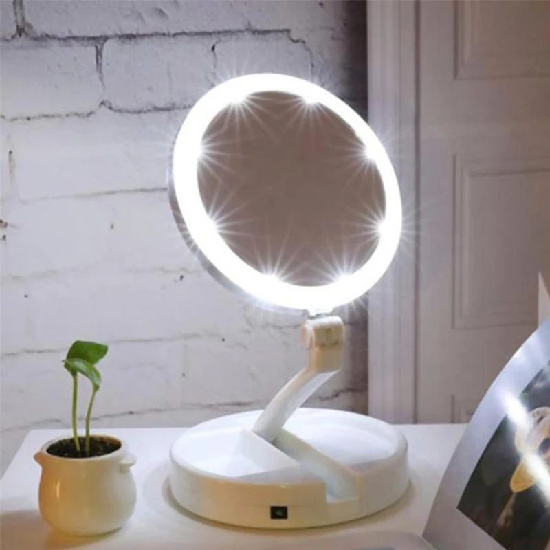 

Foldable Led Magnifying Mirror Makeup White Vanity Cosmetic Mirror USB Charging Or Battery With Light 10X Table Mirrors