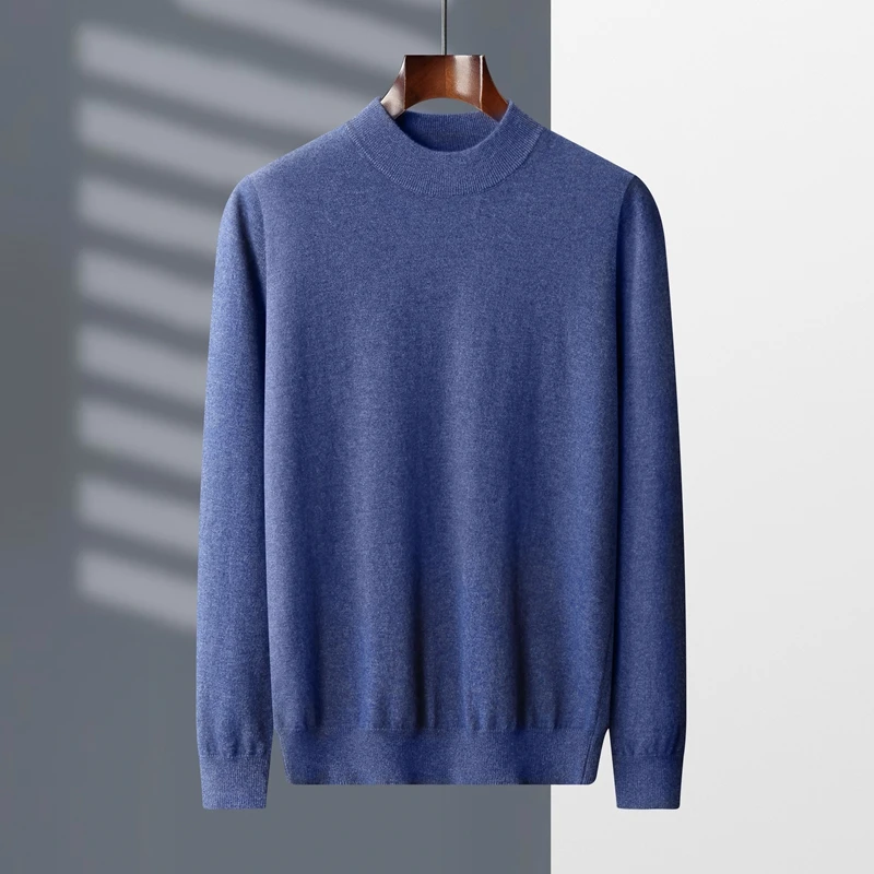 Autumn And Winter New 100% Cashmere Sweater Men's Semi-High Neck Pullover Long Sleeve Warm Business Bottoming Coat.