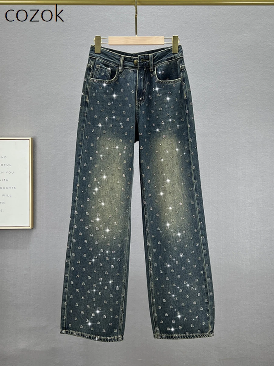 

Heavy Industry Full Diamond Wide-leg Jeans Women's Autumn New Fashion High Waist Loose Slimming European Station Mop Trousers