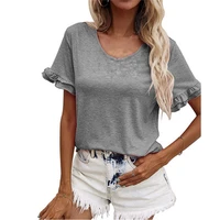 2022 fashion women elegant solid color ruffle short sleeve t shirt tops summer ladies casual loose pullover blouses