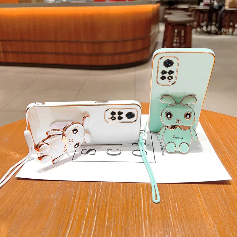 Cute Cartoon Rabbit Fold Stand For Xiaomi Poco X3 Pro Nfc Phone Case With Lanyard Luxury Plating Cover