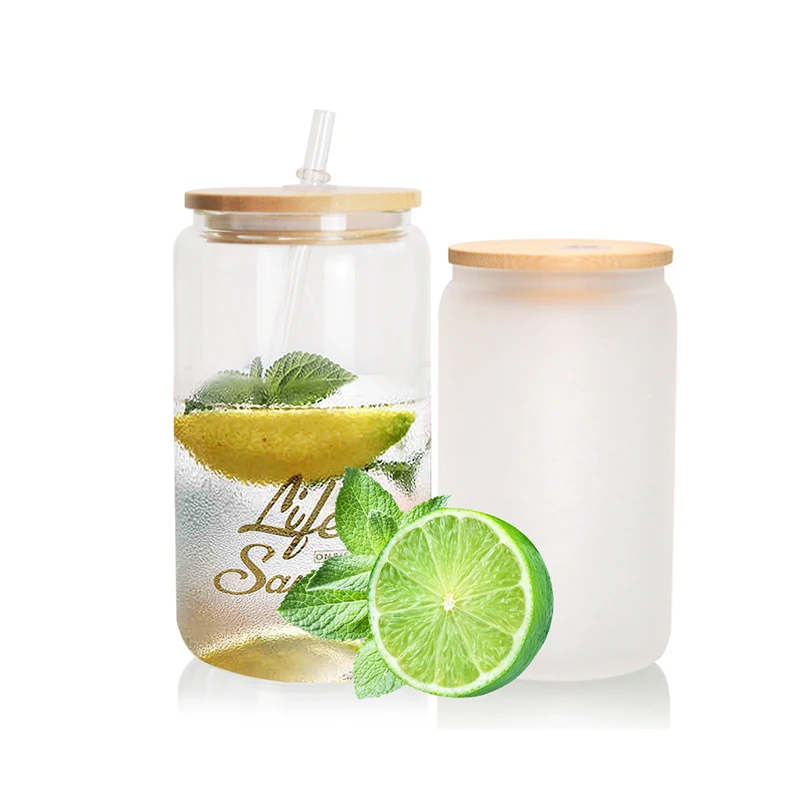 Sublimation 16oz Clear Glass Tumbler Juice Can Personalized Coffee Mug with Bamboo Lid Plastic Straw Cup Frosted Water Cup