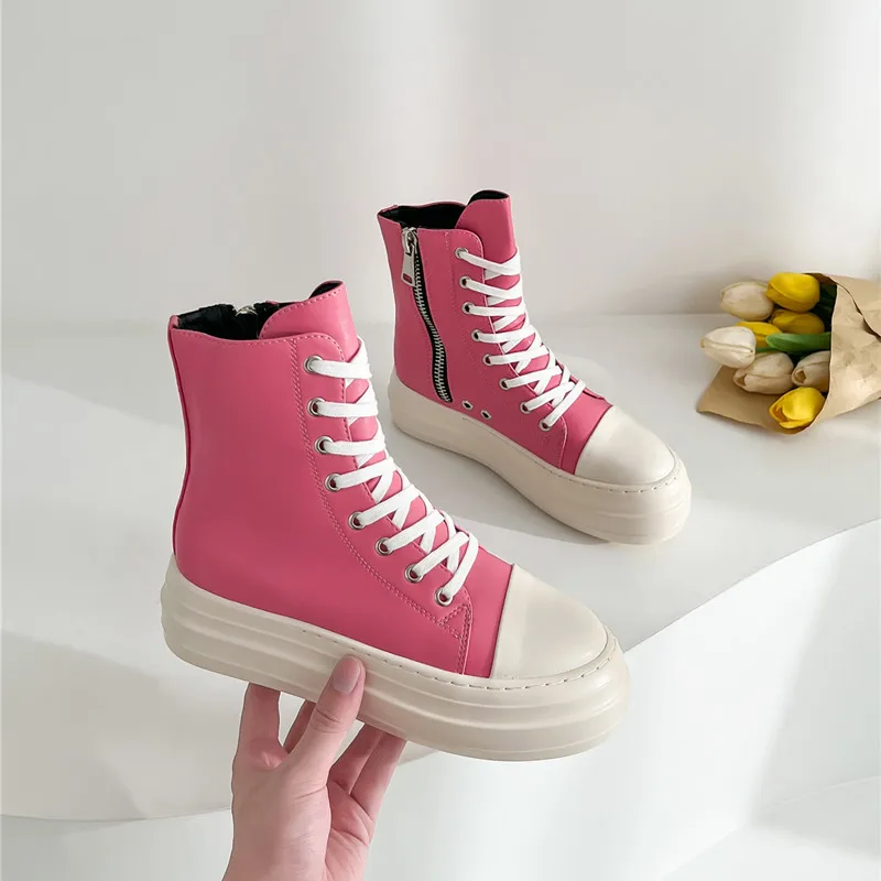 

Fashion Zipper Design Women Ankle Boots Platform Casual Motorcycle Boots Breathable Canvas or Leather Female High Top Sneakers