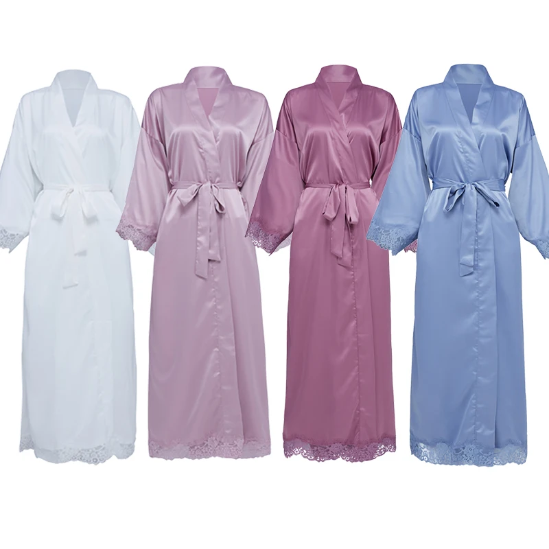 Женские Длинные матовые атласные кружевные халаты, свадебное кимоно, свадебные халаты, Свадебный халат, одежда для сна фото