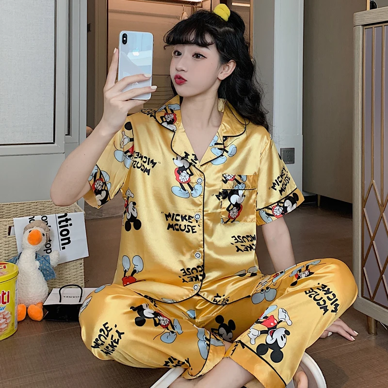 

Disney Mickey Pajamas Set Silky Women 2 Piece Sleepwear Satin Cute Kawaii Pyjama Homewear Soft Causal Nightwear Autumn Winter