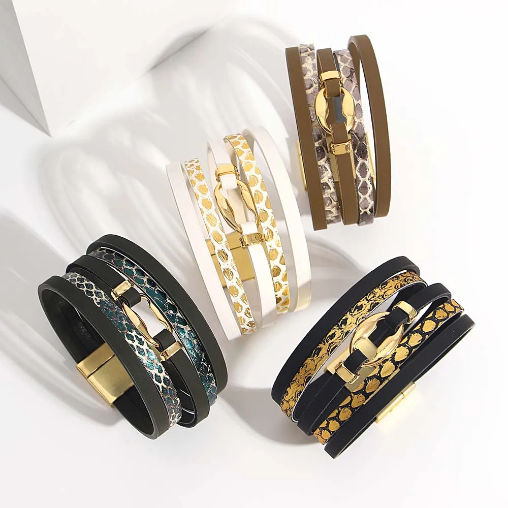 

Женский многослойный браслет ALLYES, черный кожаный браслет с винтажным принтом, геометрической формы