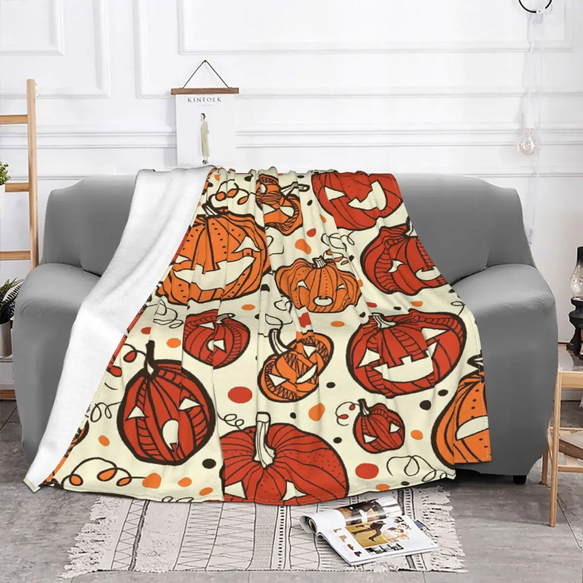 Оранжевое флисовое украшение в виде тыквы призрака портативное тонкое одеяло