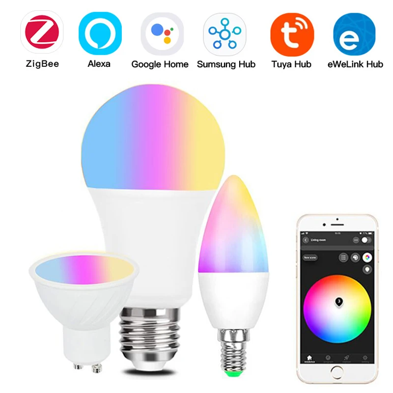 

ZigBee Tuya Smart Home Led Lamp E27 GU10 E14 RGBCW Dimmer Bulb Light Tuya Smart Life Home Automation fr Smartthings Alexa Google