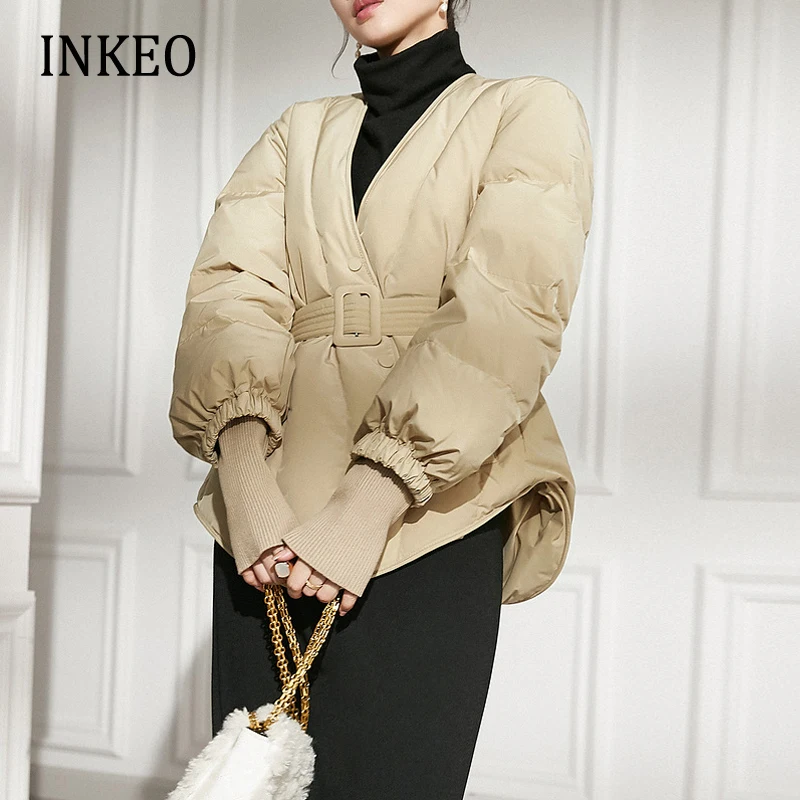Winter Designer Women down jacket Khaki Elegant V-neck Lantern sleeve puffer coat with belt Warm Female clothing INKEO 2O264