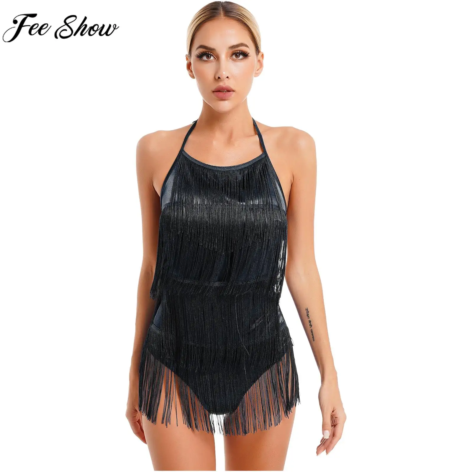 

Women Dancewear Sleeveless Backless Lace-up Halter Tassel Bodysuit Latin Samba Rumba Cha-Cha Tango Dance Performance Leotard