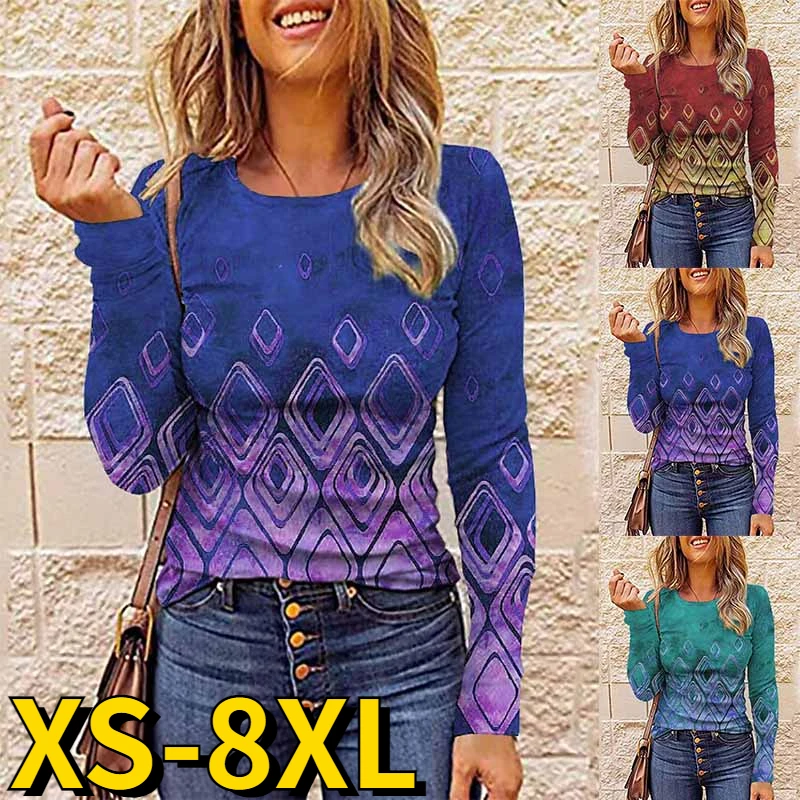 

2023 Autumn Women Tee Loose Size Tops Spring Round Neck Elegant Long Sleeve New Design Printing Pullover Everyday Trend T-shirt