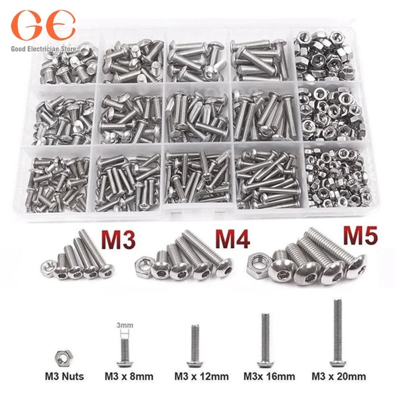 

500pcs Bolts Nuts Combination Set 304 Stainless Steel M3/M4/M5 Bolts Mating Nuts Hex Bolts Screws Fasteners Packed m5 screws
