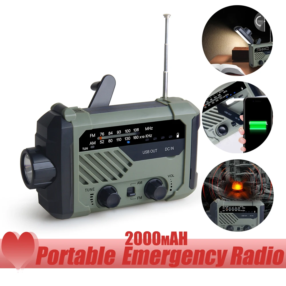 

Protable Radio Hand Crank AM FM Solar Radio Emergency Weather LED Flashlight WB NOAA Reading Lamp 5000mAh Power Bank for SOS