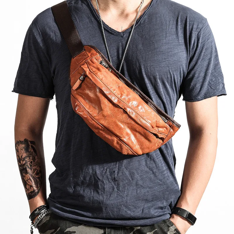 Vintage pleated high-quality top layer cowhide men's chest bag fashion weekend daily natural genuine leather sports shoulder bag