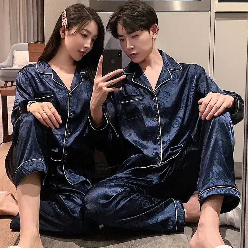 Lovers pajamas female paragraphs in the spring and autumn long thin ice silk leisurewear emulation silk male suits summer