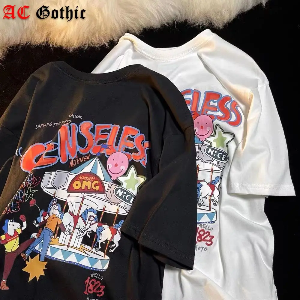 

Футболка женская оверсайз в стиле хип-хоп, уличный топ с принтом карусели, Повседневная рубашка с коротким рукавом, лето 2022