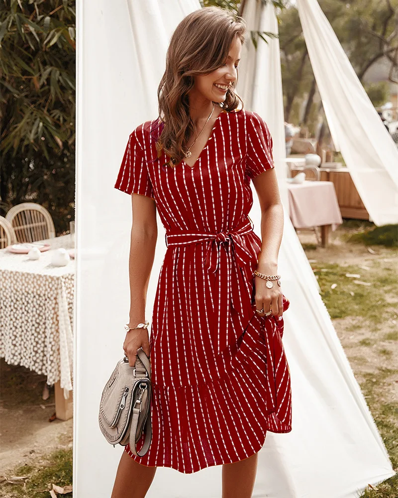 

WYWMY Women Bohemian Dress V Neck Short Sleeve Midi Dresses With Sash Elegant Striped Dress Summer Holiday Dress Female Vestido