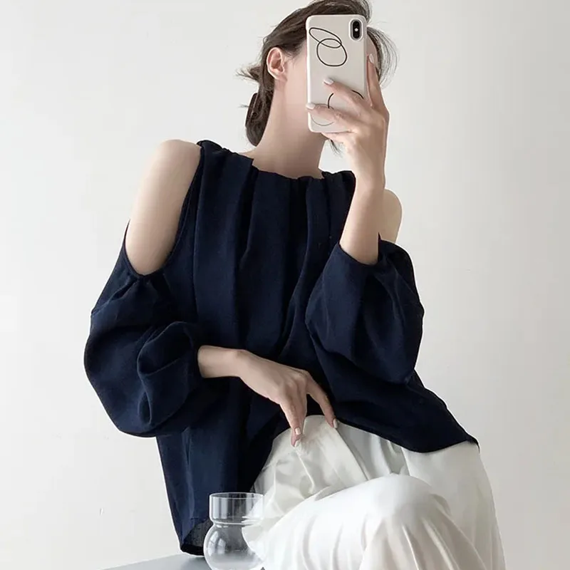 

Elegant Chiffon Blouses Women Sexy Off Shoulder Shirts Office Lady Korean Puff Long Sleeve Loose Casual Tops Solid