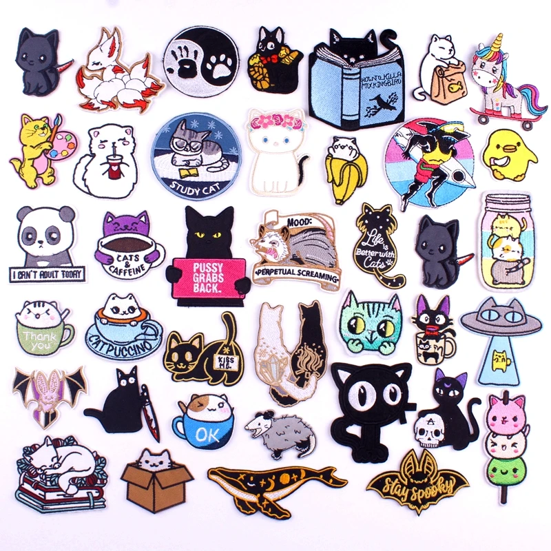

Hippie Cat Patch Cute Small Animal Applique Embroidered Patches For Clothing DIY Cartoon Patches On Kids Clothes Badges