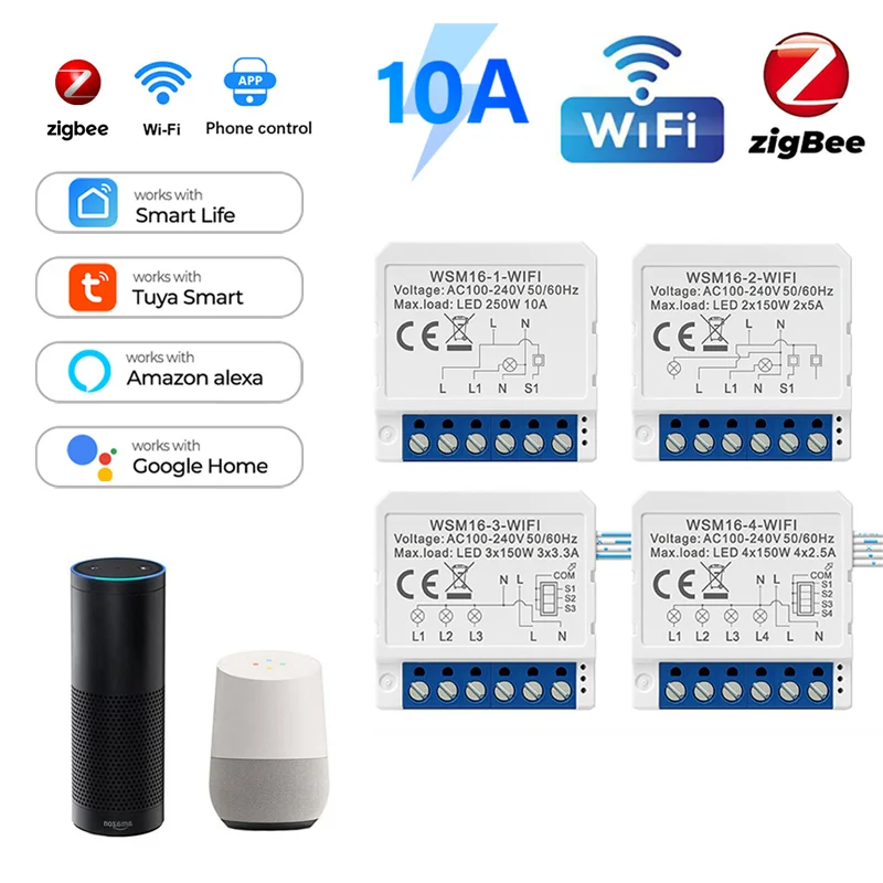

Tuya Wifi Zigbee Smart Light Switch Module DIY 2-Way Control 10A 1/2/3/4 Gang Mini Smart Breaker Works With Alexa Google Home