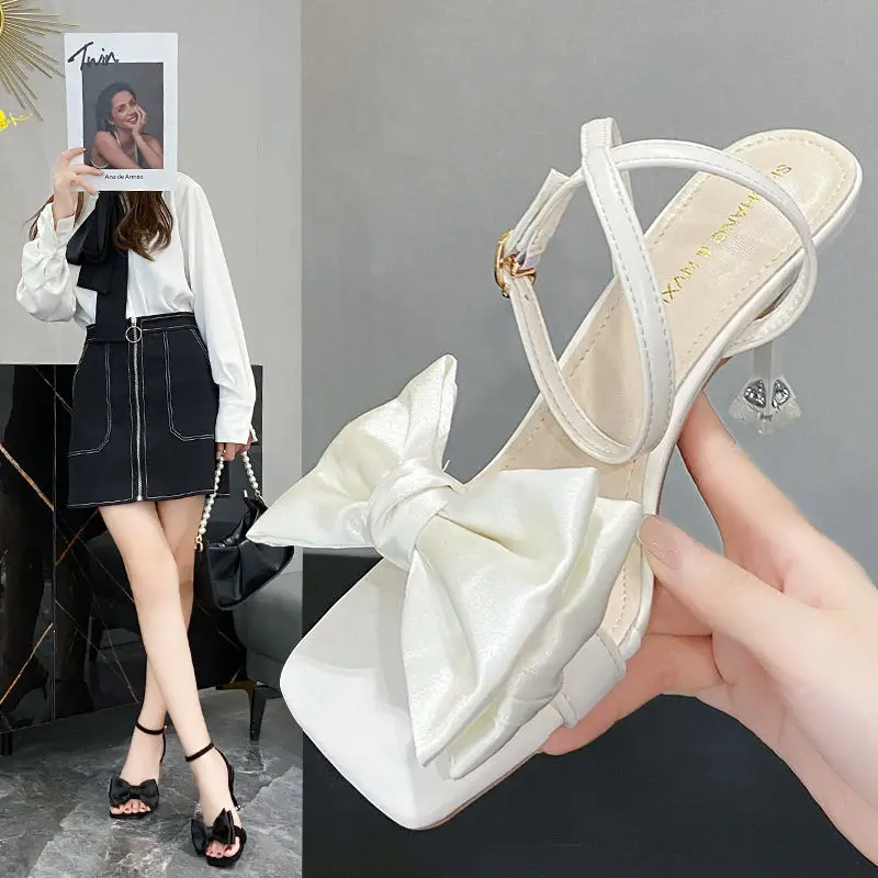 

Sweet clear block high heel lady satin dress sandals ankle strap woman summer high heels with bow bowknot champagne white ivory