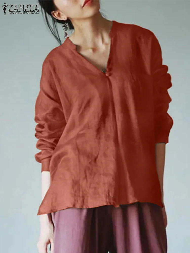 

Женская блузка с длинным рукавом и v-образным вырезом ZANZEA, повседневная однотонная блузка свободного кроя с разрезом на подоле