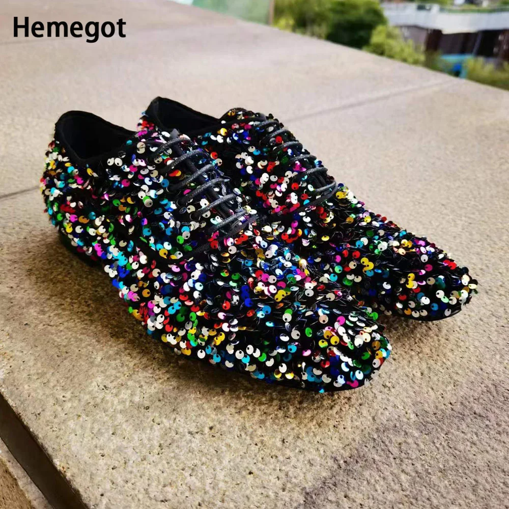 Men Colorful Sequins Flat Lace-Up Luxury Bling Bling Leisure Shoes Round Toe Mixed Colors Casual Shoes Men Wedding Shoes