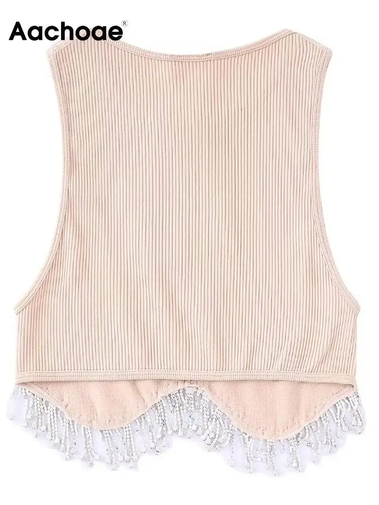 Топ женский летний однотонный без рукавов с круглым вырезом и бахромой - купить