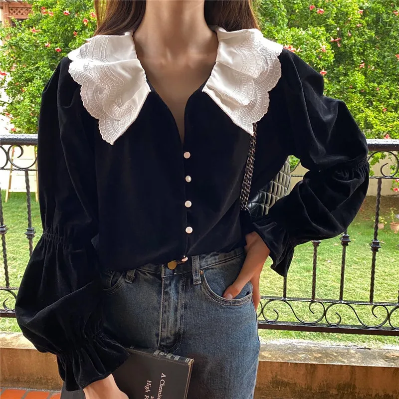 Vintage French Style Black Velvet Shirt Double Lace Collar V-neck Lantern Sleeve Chic Autumn Blouse Womens Velour Tops Blusa